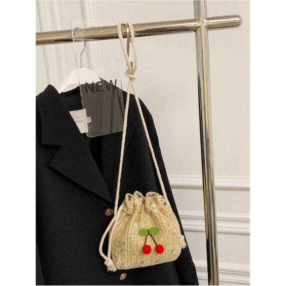 Cherry Braided Straw Drawstring Handbag Purse Tote Bag Mini Backpack All In One - Picture 4 of 5